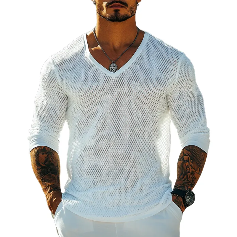 Men's V-neck Mesh Breathable Knitted Long-sleeved T-shirt 98197090U sold by Manly