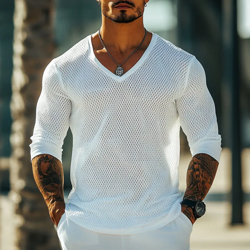 Men's V-neck Mesh Breathable Knitted Long-sleeved T-shirt 98197090U sold by Manly product image thumbnail 2