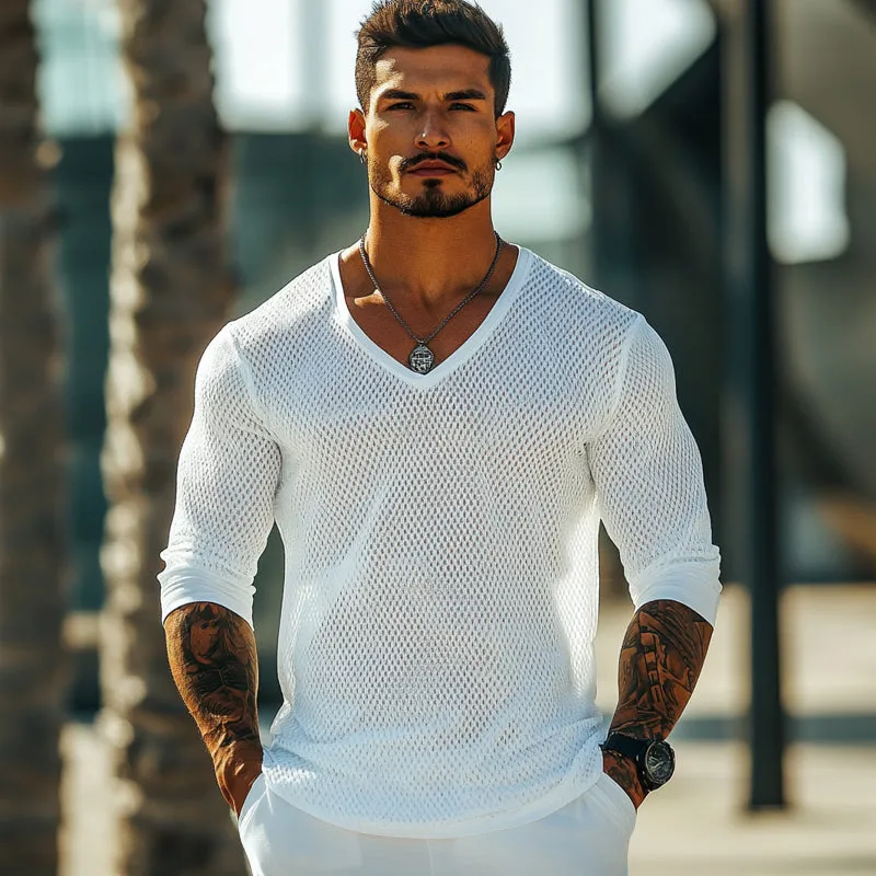 Men's V-neck Mesh Breathable Knitted Long-sleeved T-shirt 98197090U sold by Manly product image thumbnail 3