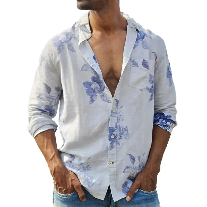 Men's Hawaiian Print Lapel Long Sleeve Shirt 23846616X sold by Manly