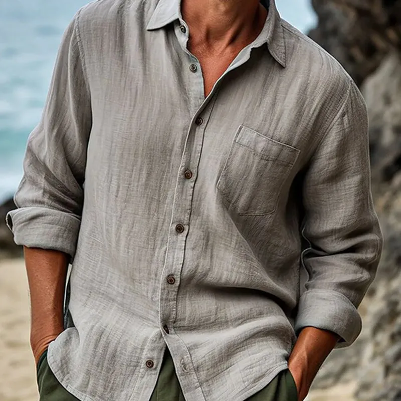 Men's Casual Solid Color Cotton and Linen Long Sleeve Shirt 16154365X sold by Manly product image thumbnail 2