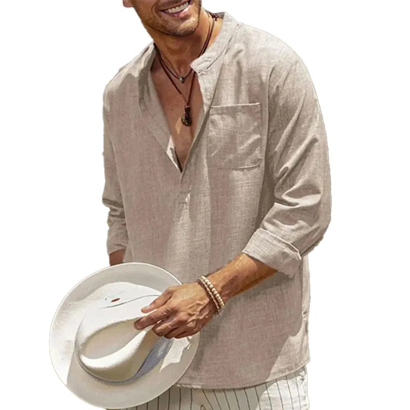 Men's Solid Color Cotton and Linen Long-sleeved Pullover Shirt 81823562X sold by Manly