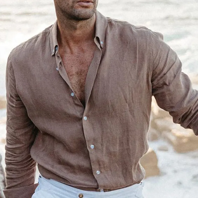 Men's Cotton and Linen Solid Color Lapel Long Sleeve Shirt 34376805X sold by Manly product image thumbnail 2