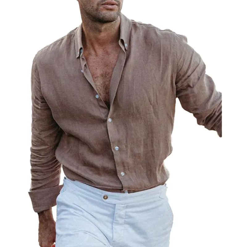 Men's Cotton and Linen Solid Color Lapel Long Sleeve Shirt 34376805X sold by Manly