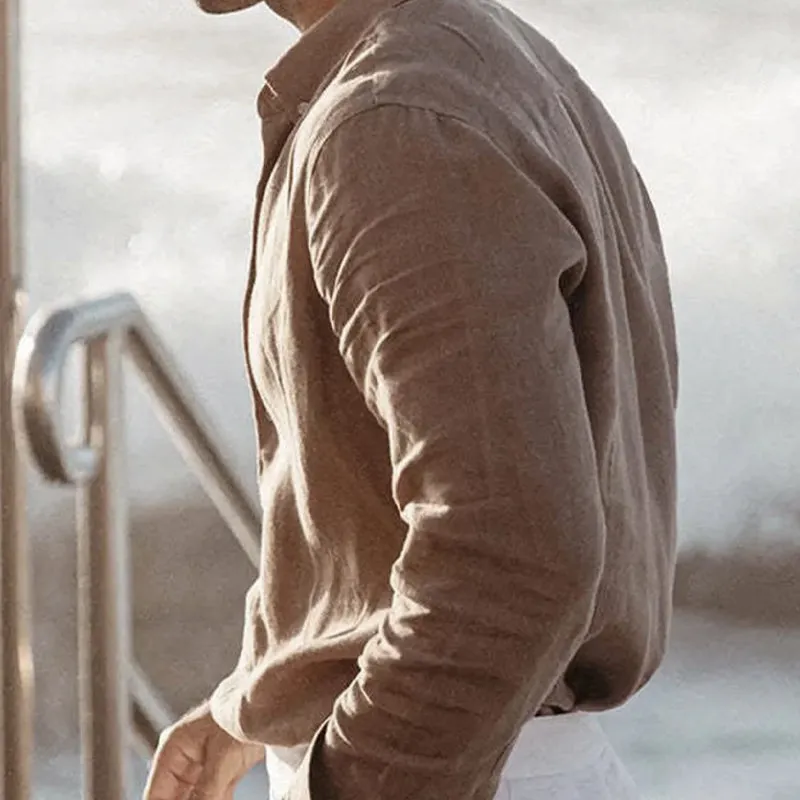 Men's Cotton and Linen Solid Color Lapel Long Sleeve Shirt 34376805X sold by Manly product image thumbnail 3