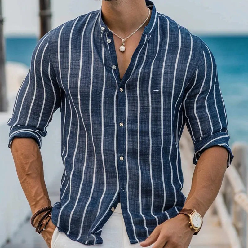 Men's Cotton and Linen Striped Print Long-sleeved Shirt 63307792X sold by Manly product image thumbnail 2