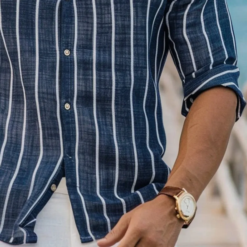 Men's Cotton and Linen Striped Print Long-sleeved Shirt 63307792X sold by Manly product image thumbnail 3