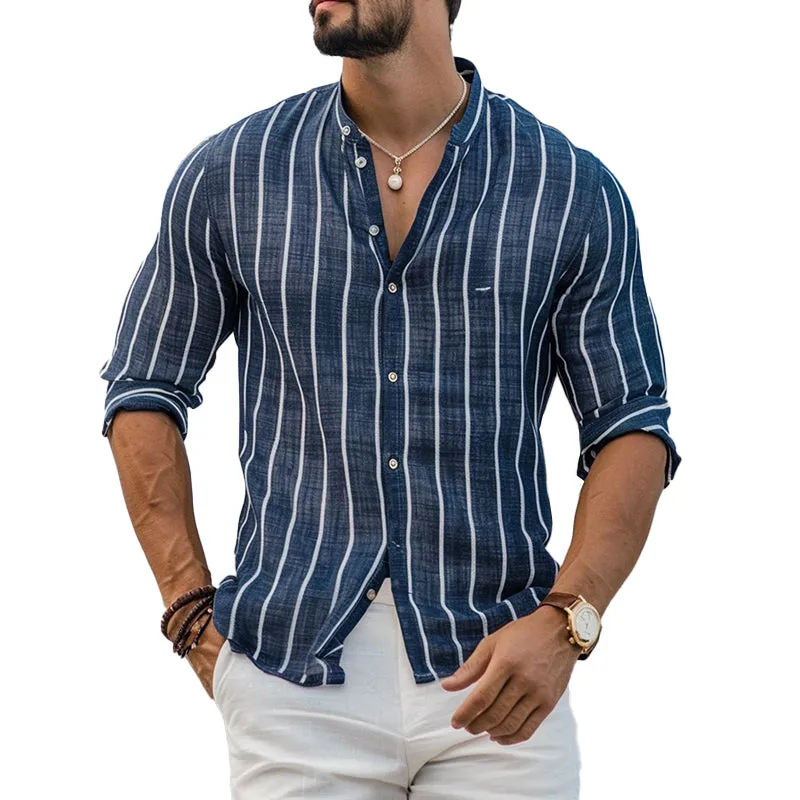 Men's Cotton and Linen Striped Print Long-sleeved Shirt 63307792X sold by Manly