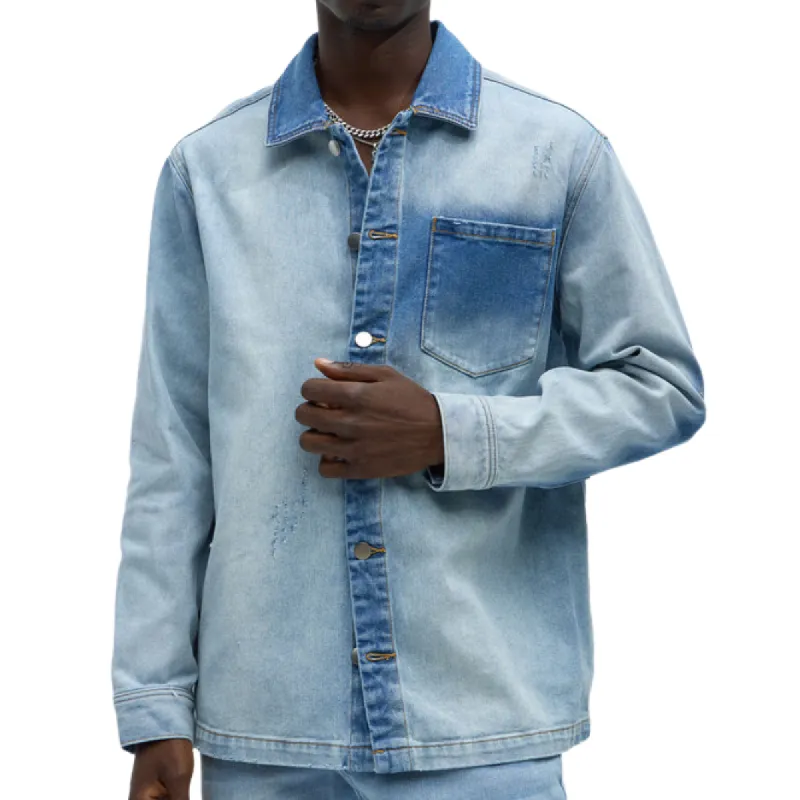 Men's Vintage Washed Denim Casual Lapel Long Sleeve Shirt 18175433F sold by Manly