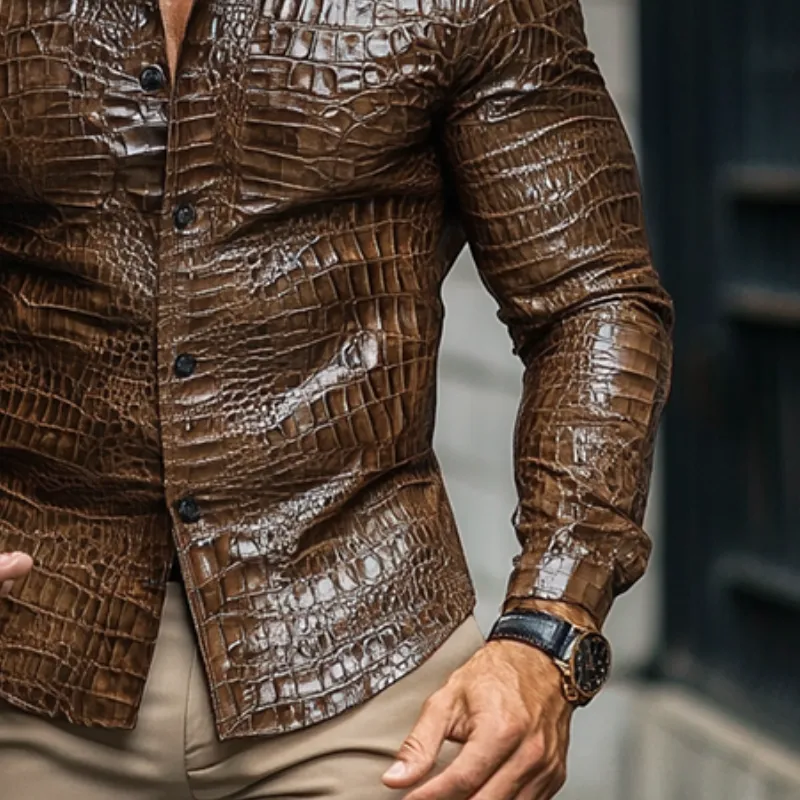 Men's Fashion Casual Slim Fit Textured Leather Long Sleeve Shirt 77733521K sold by Manly product image thumbnail 4