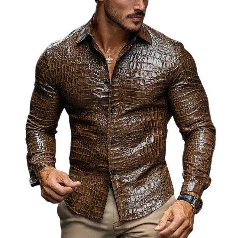 Men's Fashion Casual Slim Fit Textured Leather Long Sleeve Shirt 77733521K sold by Manly