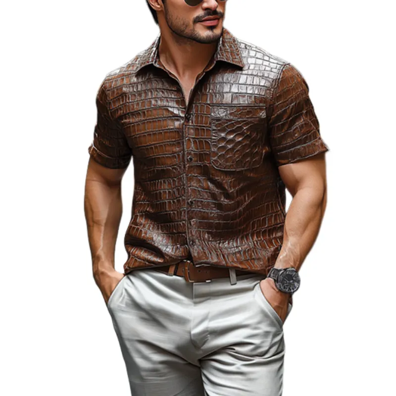 Men's Retro Casual Slim Fit Textured Leather Short Sleeve Shirt 87823266K sold by Manly