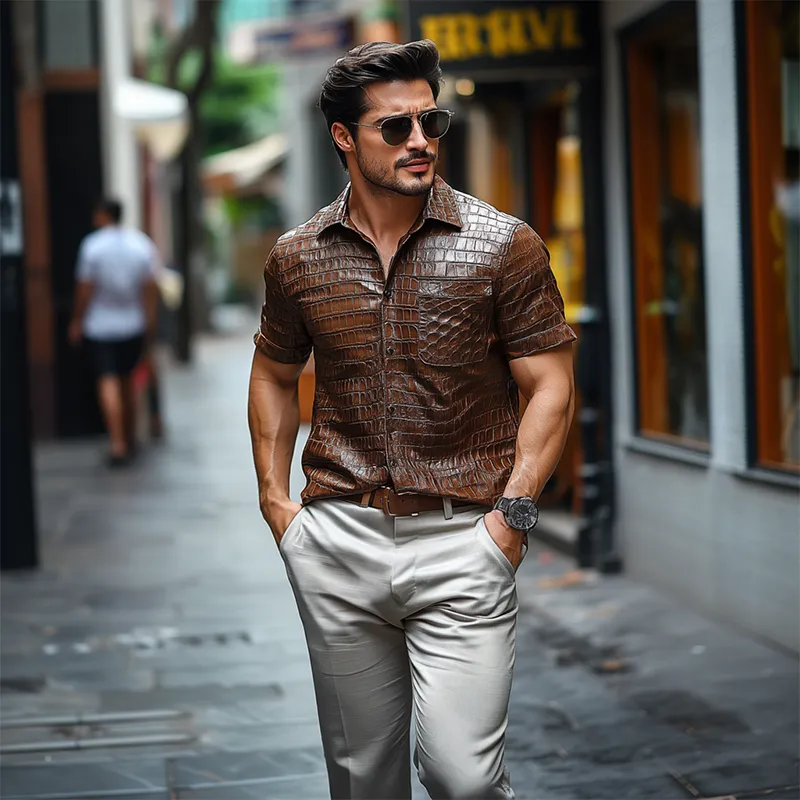Men's Retro Casual Slim Fit Textured Leather Short Sleeve Shirt 87823266K sold by Manly product image thumbnail 2