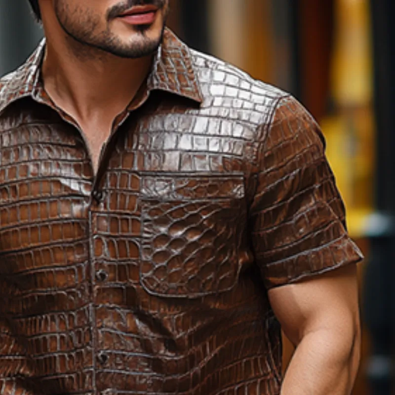 Men's Retro Casual Slim Fit Textured Leather Short Sleeve Shirt 87823266K sold by Manly product image thumbnail 4