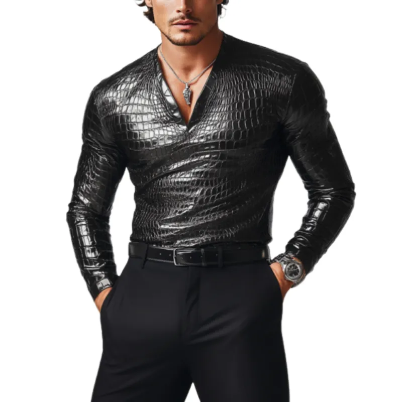 Men's Retro Fashion Slim Fit V-Neck Textured Leather Long Sleeve T-Shirt 35112437K sold by Manly