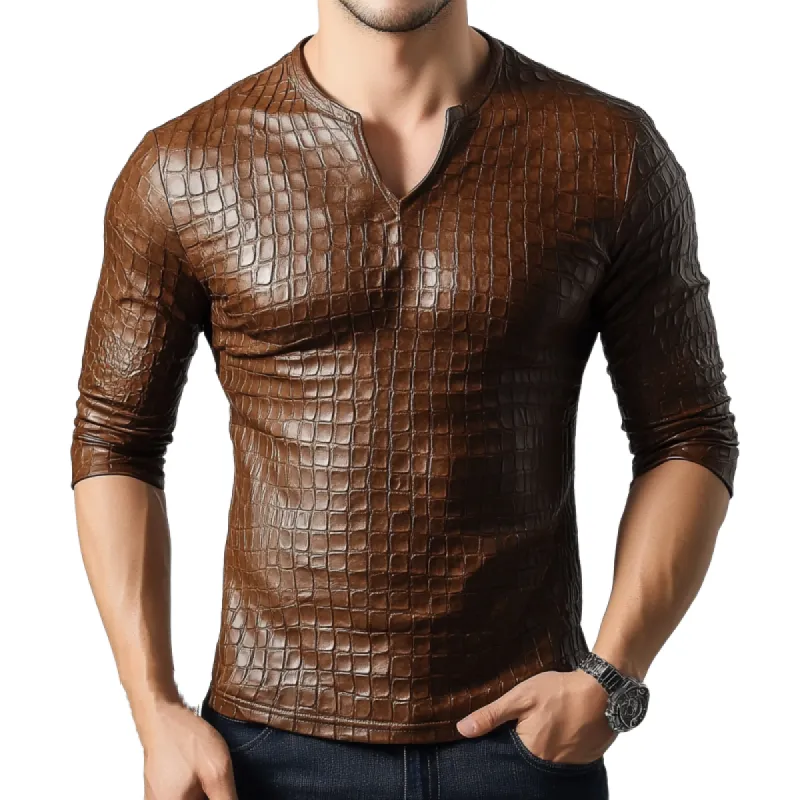 Men's Retro Casual Slim Fit V-Neck Textured Leather Long Sleeve T-Shirt 12726092K sold by Manly