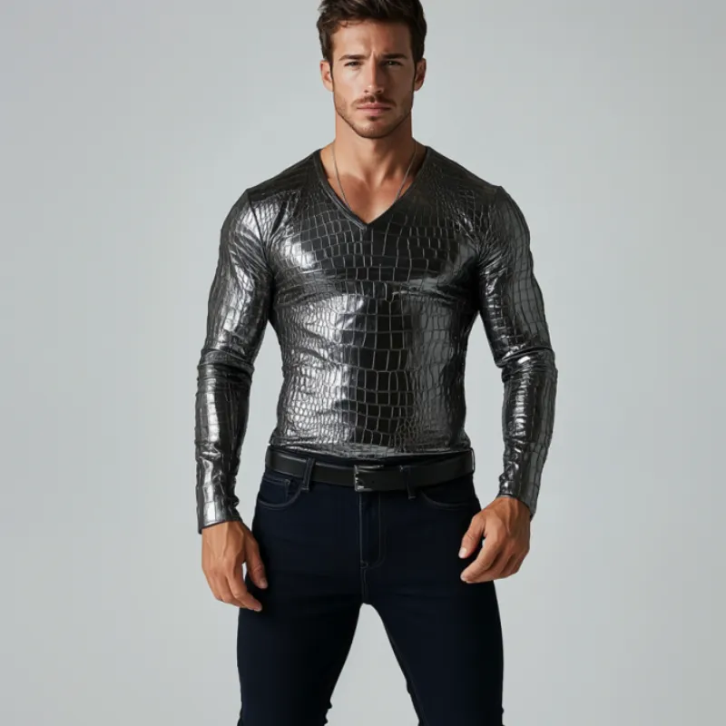 Men's Fashion Slim Fit V-Neck Textured Leather Long Sleeve T-Shirt 90802041K sold by Manly product image thumbnail 2