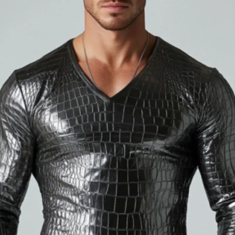 Men's Fashion Slim Fit V-Neck Textured Leather Long Sleeve T-Shirt 90802041K sold by Manly product image thumbnail 4