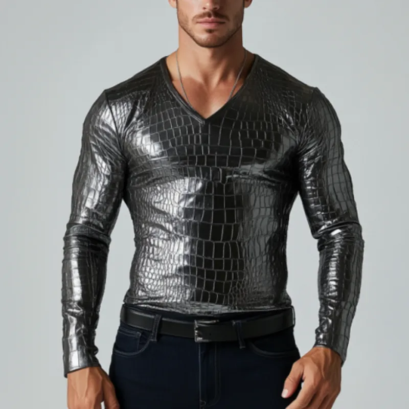 Men's Fashion Slim Fit V-Neck Textured Leather Long Sleeve T-Shirt 90802041K sold by Manly product image thumbnail 3