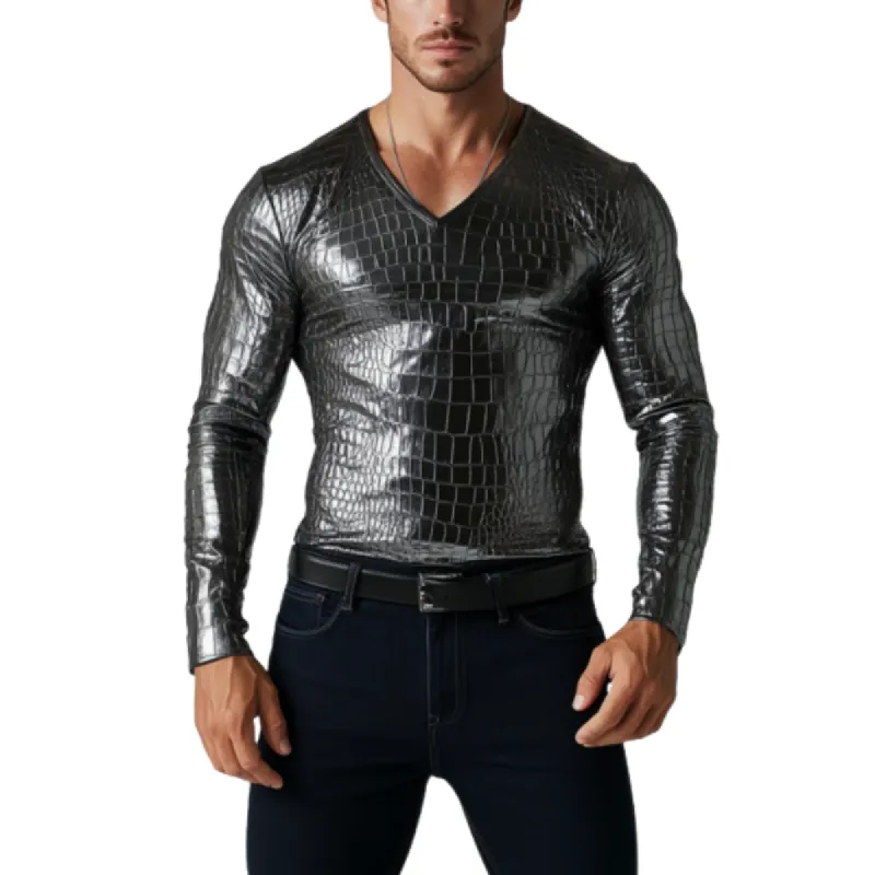 Men's Fashion Slim Fit V-Neck Textured Leather Long Sleeve T-Shirt 90802041K sold by Manly