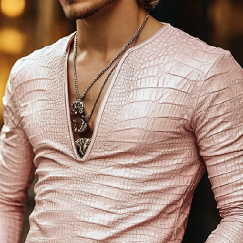 Men's Fashion Slim Fit V-Neck Textured Leather Long Sleeve T-Shirt 96006429K sold by Manly product image thumbnail 3