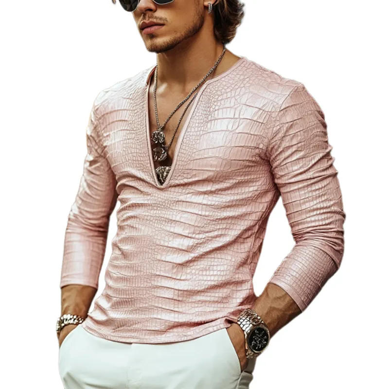 Men's Fashion Slim Fit V-Neck Textured Leather Long Sleeve T-Shirt 96006429K sold by Manly