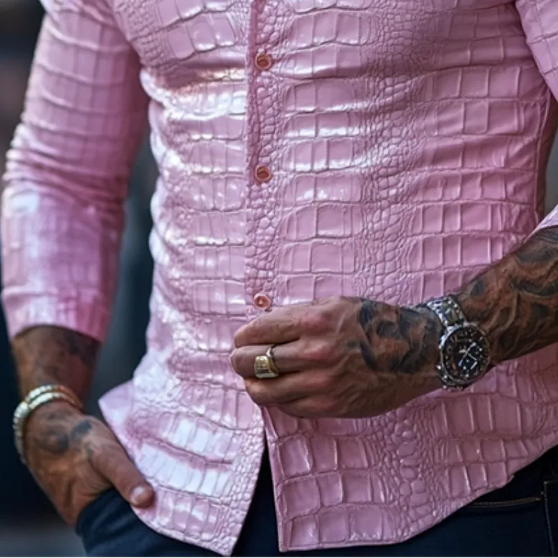 Men's Fashion Slim Fit Solid Color Textured Leather Long Sleeve Shirt 08698784K sold by Manly product image thumbnail 4