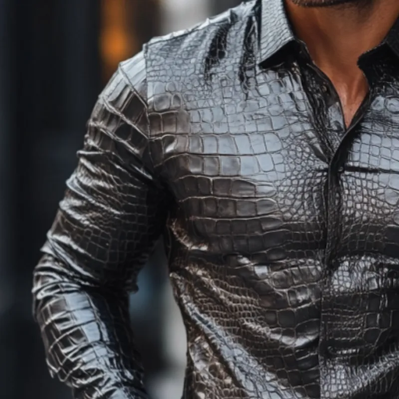 Men's Fashion Casual Slim Fit Textured Leather Long Sleeve Shirt 23802086K sold by Manly product image thumbnail 4