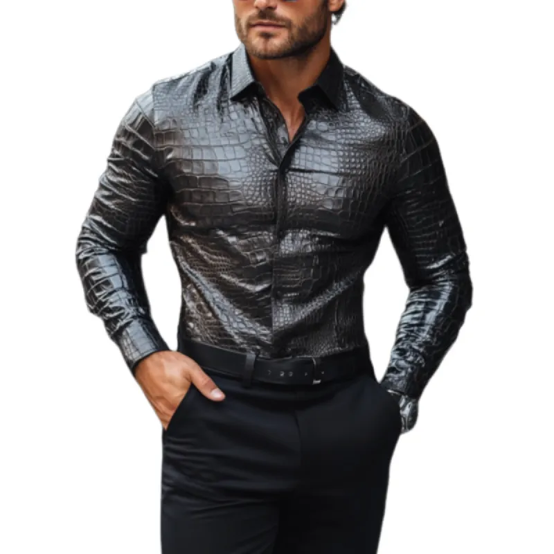Men's Fashion Casual Slim Fit Textured Leather Long Sleeve Shirt 23802086K sold by Manly