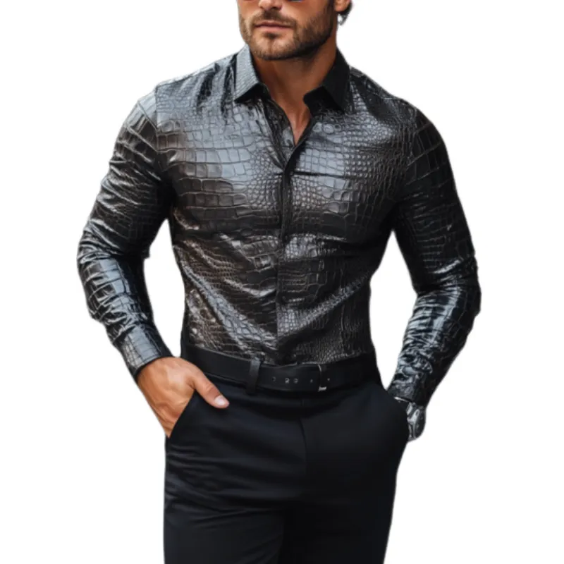 Men's Fashion Casual Slim Fit Textured Leather Long Sleeve Shirt 23802086K sold by Manly