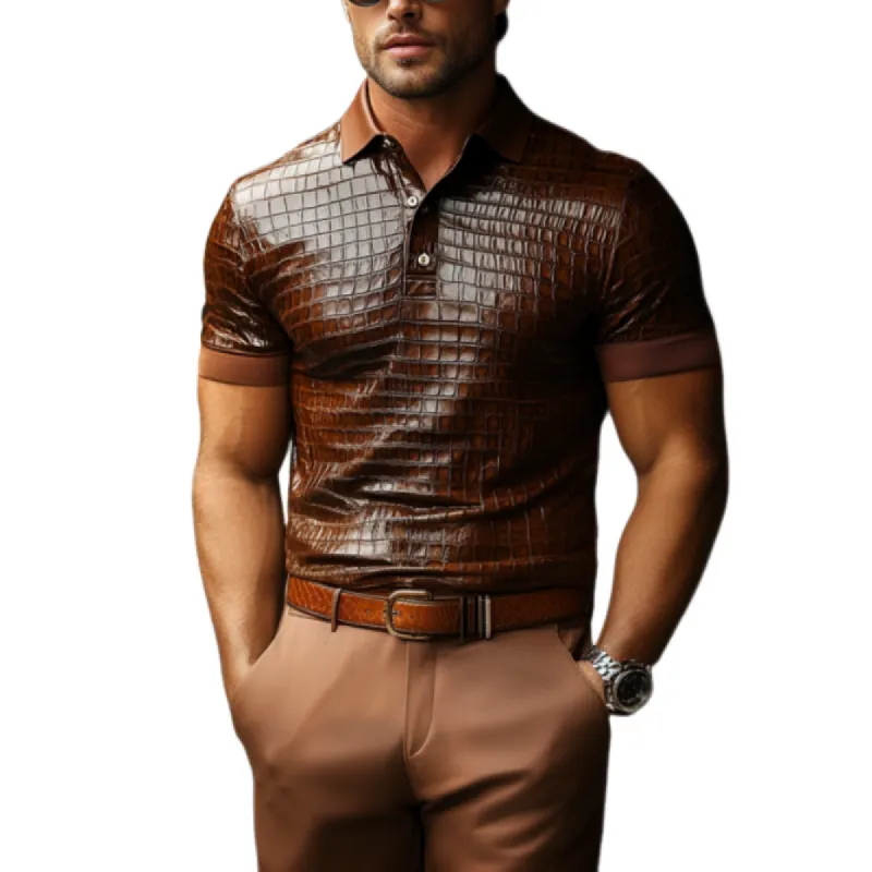 Men's Retro Casual Slim Fit Textured Leather Short Sleeve POLO Shirt 53078717K sold by Manly