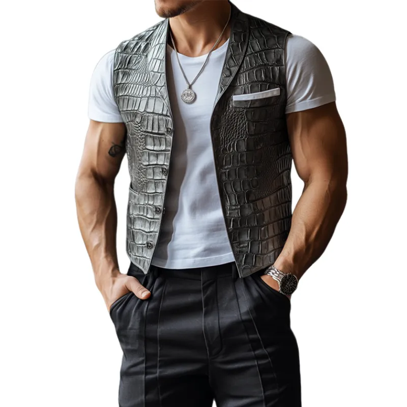 Men's Classic Casual Shawl Collar Textured Leather Vest 06265022K sold by Manly