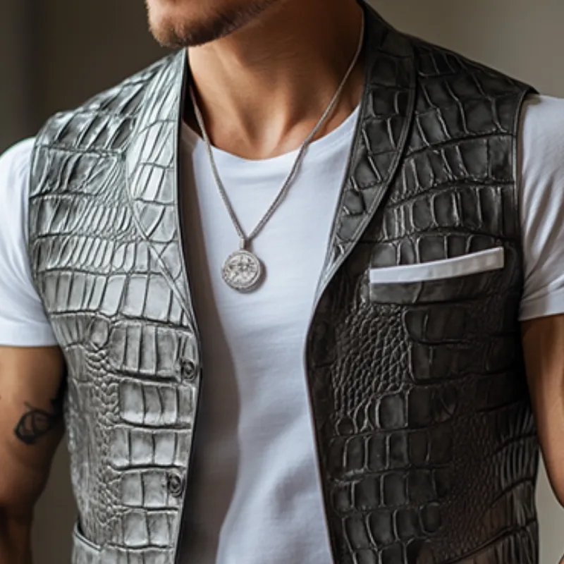 Men's Classic Casual Shawl Collar Textured Leather Vest 06265022K sold by Manly product image thumbnail 3