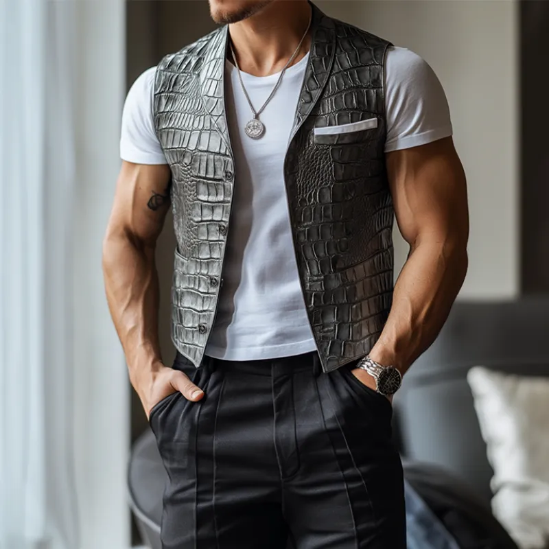 Men's Classic Casual Shawl Collar Textured Leather Vest 06265022K sold by Manly product image thumbnail 2
