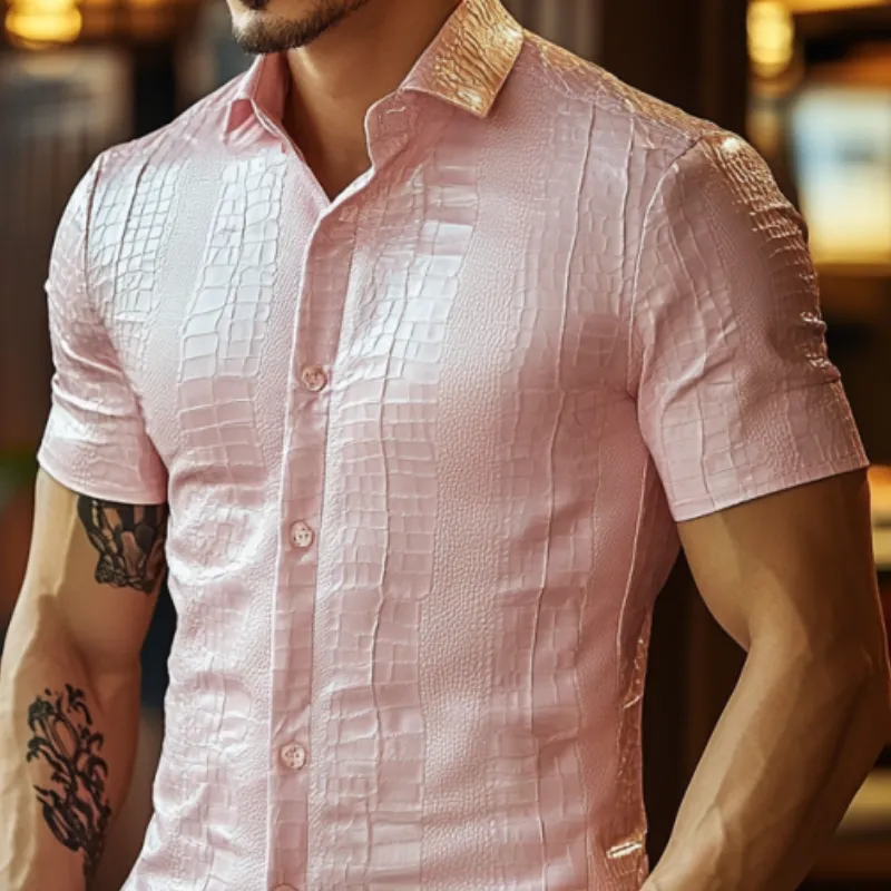 Men's Fashion Slim Fit Solid Color Textured Leather Short Sleeve Shirt 76208232K sold by Manly product image thumbnail 3