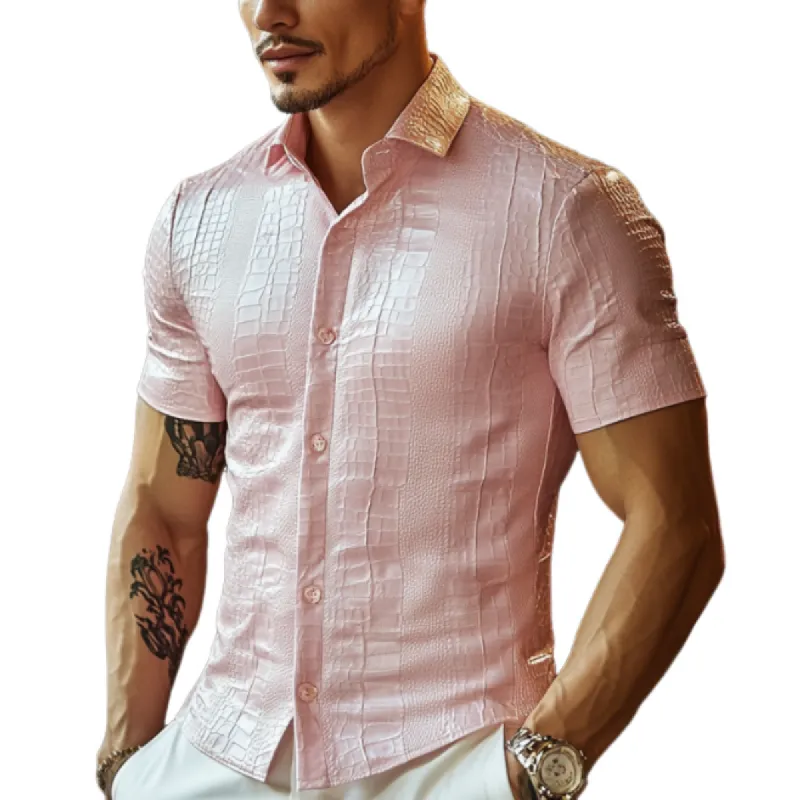 Men's Fashion Slim Fit Solid Color Textured Leather Short Sleeve Shirt 76208232K sold by Manly