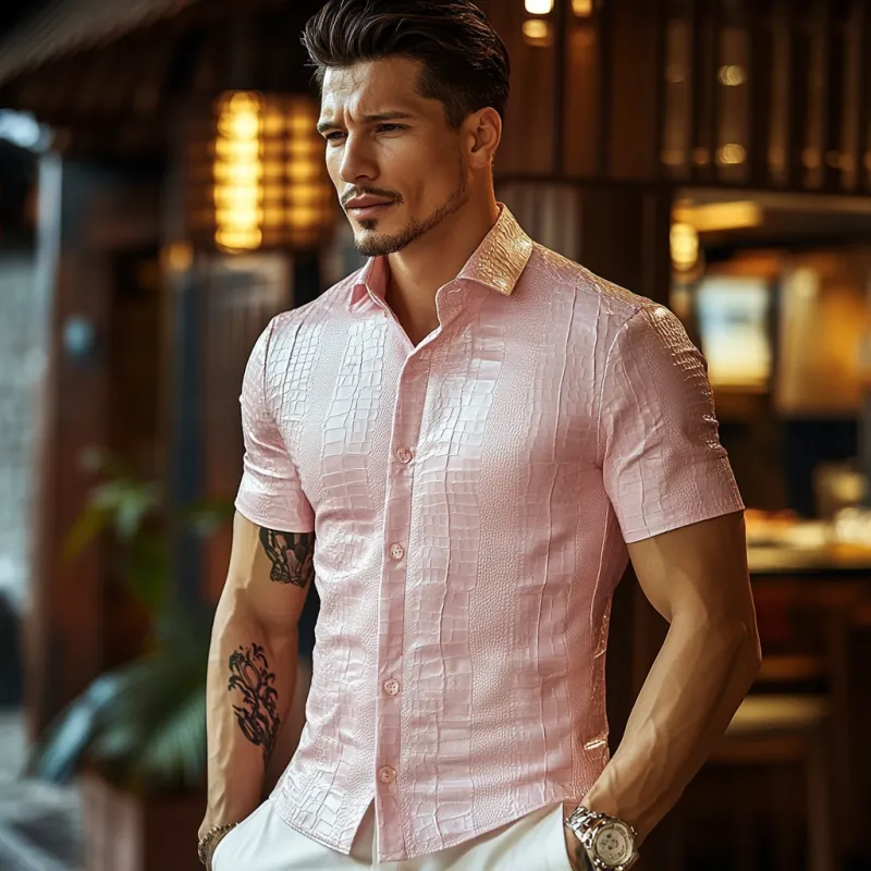 Men's Fashion Slim Fit Solid Color Textured Leather Short Sleeve Shirt 76208232K sold by Manly product image thumbnail 2