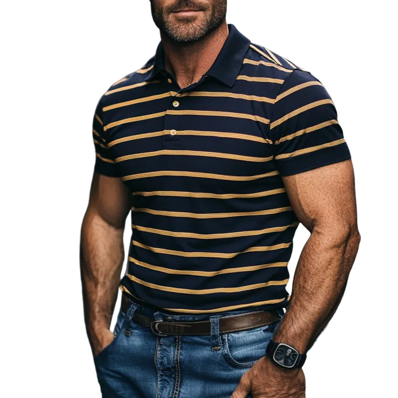 Men's Retro Casual Simple Striped Contrast Color Short-sleeved Polo Shirt 57096577TO sold by Manly
