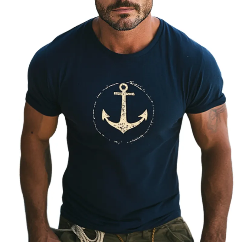 Men's Retro Casual Sailing Anchor Round Neck Short Sleeve T-Shirt 96980408TO sold by Manly