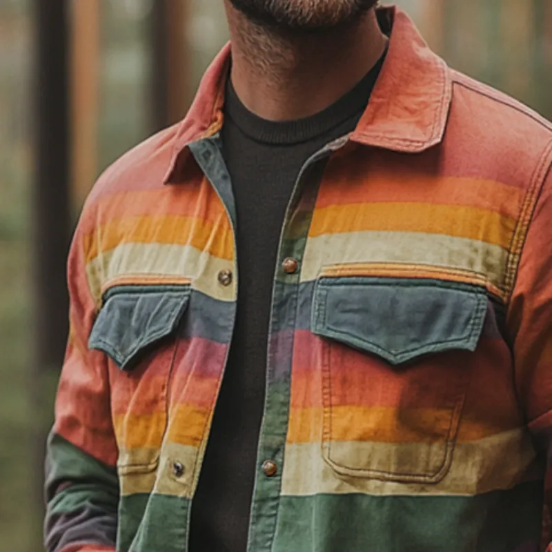 Men's Retro Casual Rainbow Stripe Print Pocket Long Sleeve Shirt 83121446TO sold by Manly product image thumbnail 3