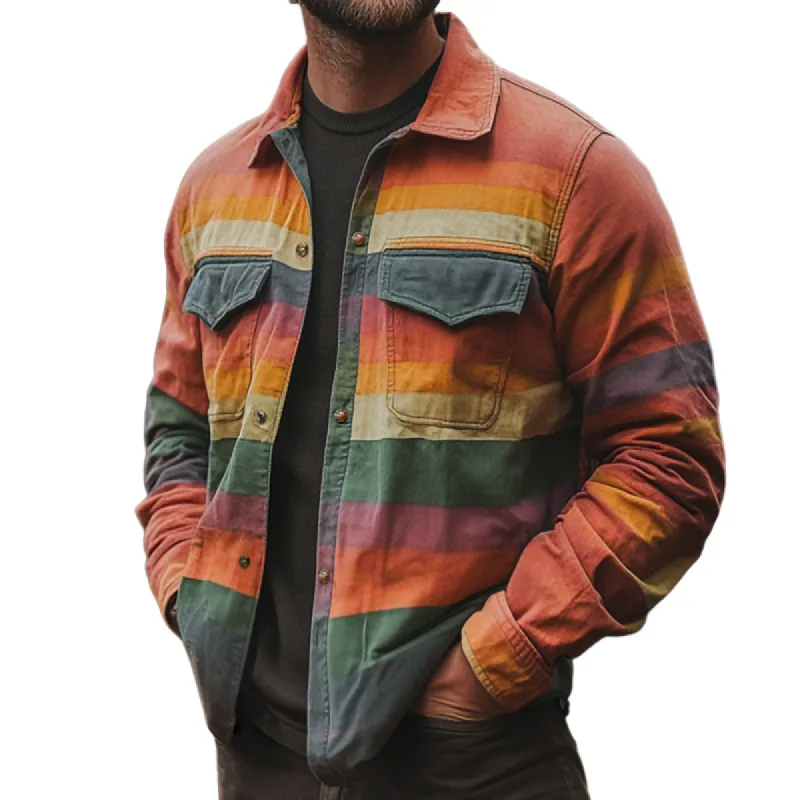 Men's Retro Casual Rainbow Stripe Print Pocket Long Sleeve Shirt 83121446TO made by Manly