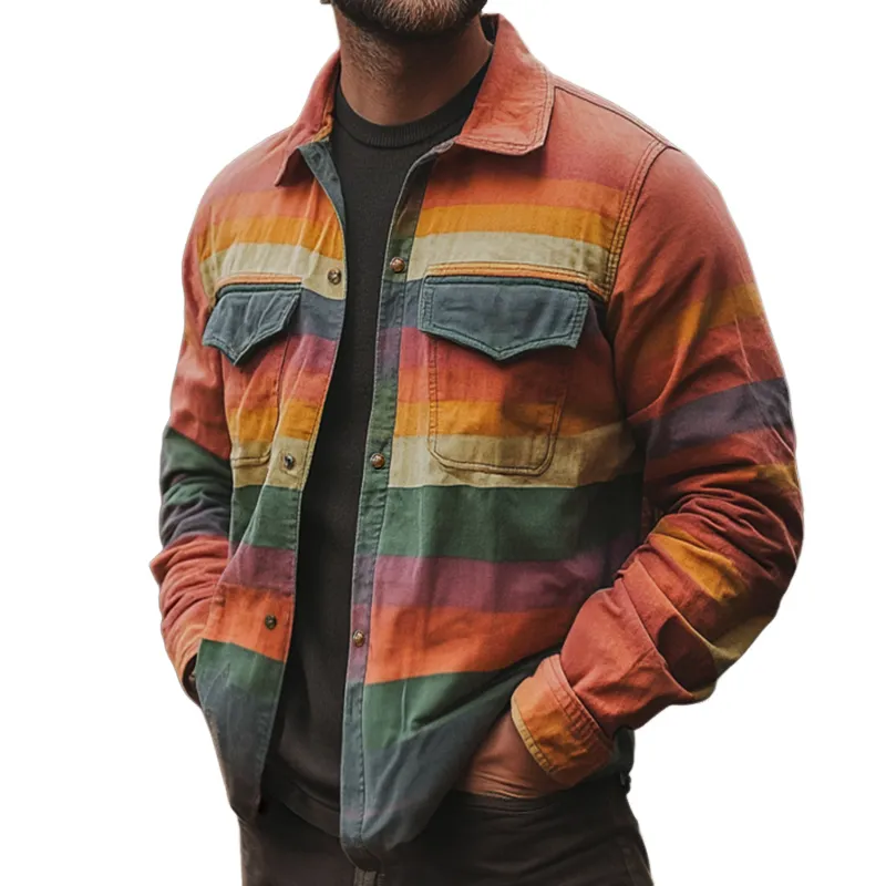 Men's Retro Casual Rainbow Stripe Print Pocket Long Sleeve Shirt 83121446TO sold by Manly