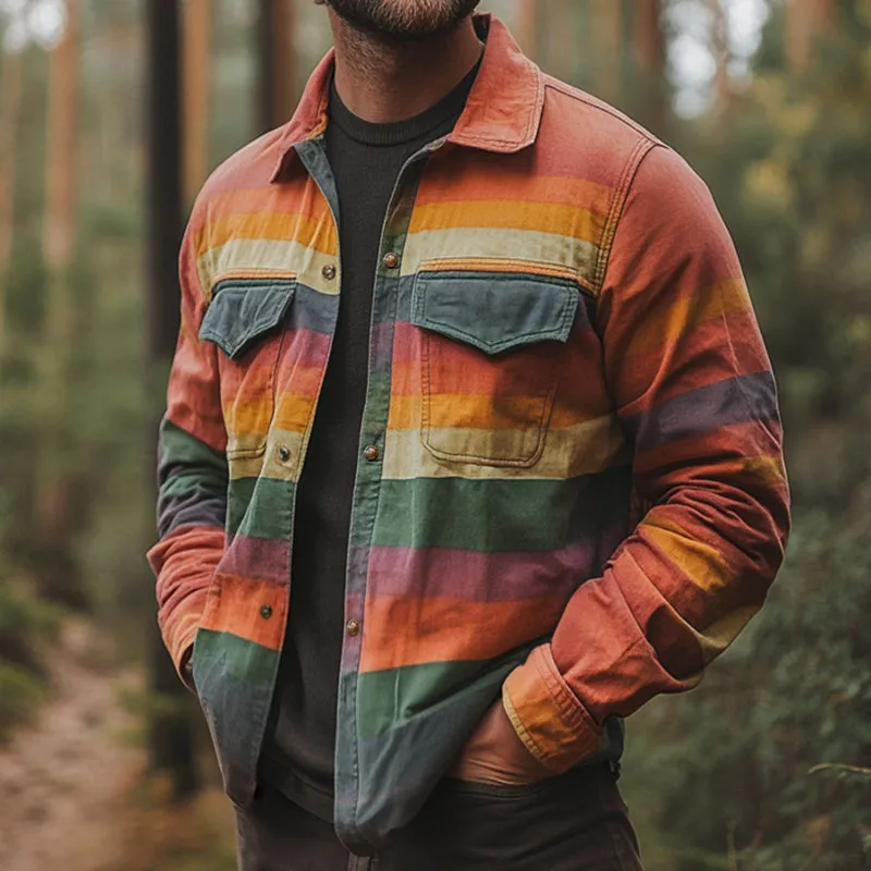 Men's Retro Casual Rainbow Stripe Print Pocket Long Sleeve Shirt 83121446TO sold by Manly product image thumbnail 2