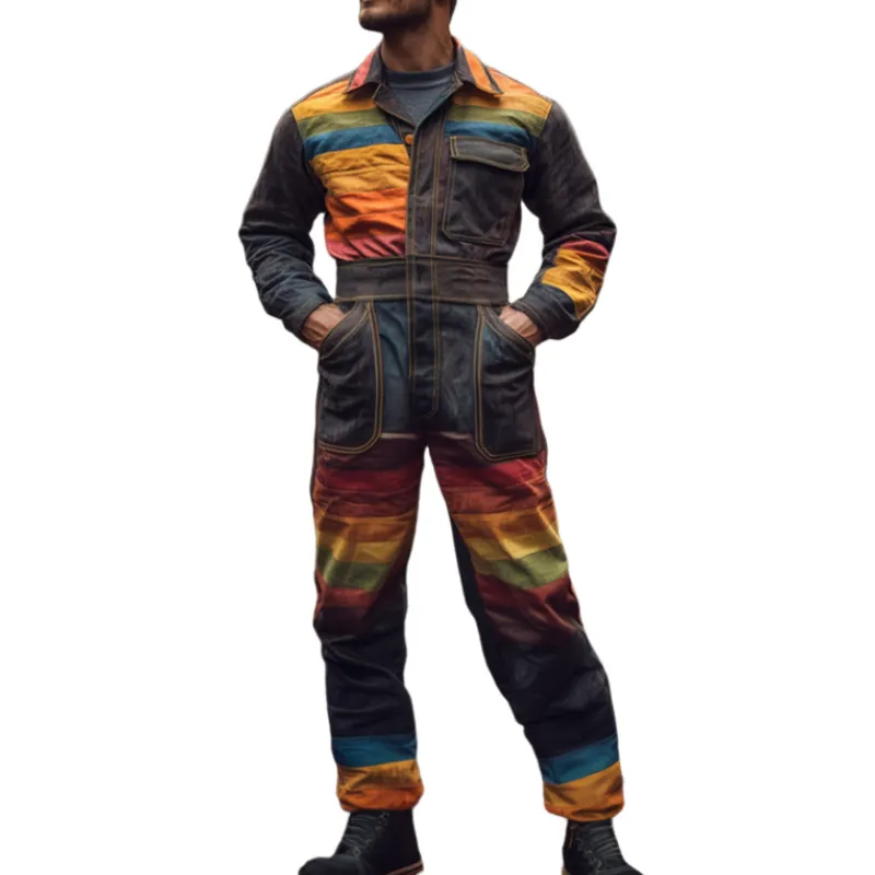 Men's Retro Casual Rainbow Stripe Print Pocket Long Sleeve Jumpsuit 80077263TO sold by Manly