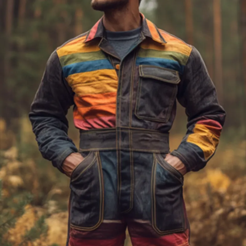 Men's Retro Casual Rainbow Stripe Print Pocket Long Sleeve Jumpsuit 80077263TO sold by Manly product image thumbnail 3