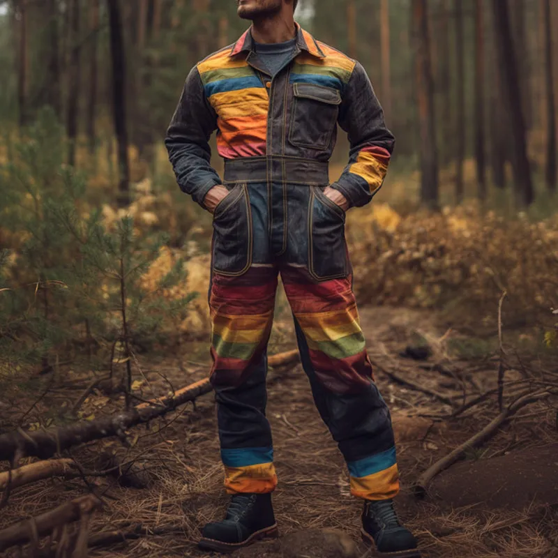 Men's Retro Casual Rainbow Stripe Print Pocket Long Sleeve Jumpsuit 80077263TO sold by Manly product image thumbnail 2