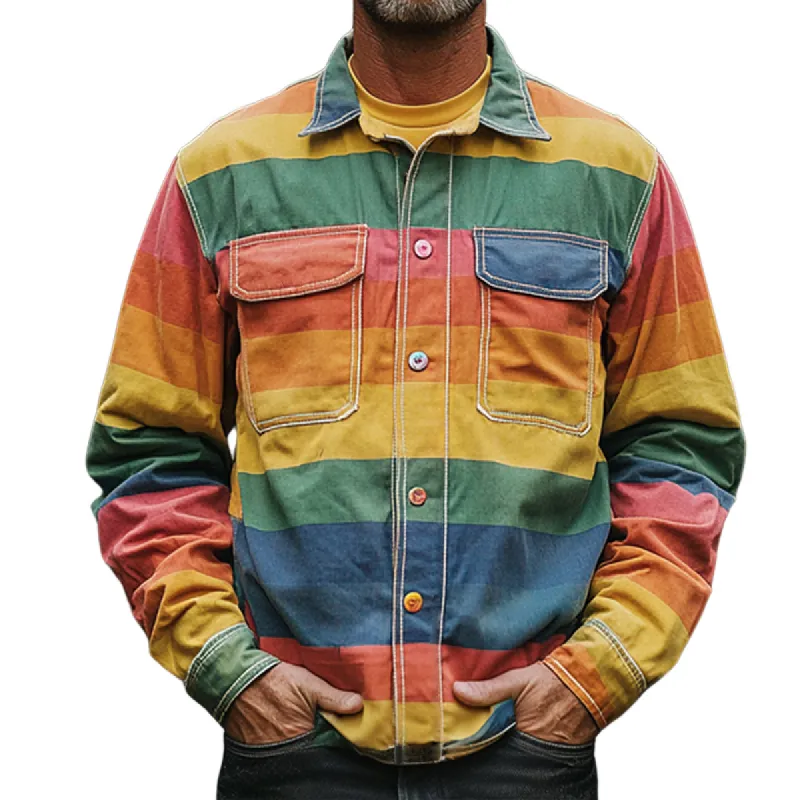 Men's Retro Casual Rainbow Stripe Print Pocket Long Sleeve Shirt 00910888TO made by Manly
