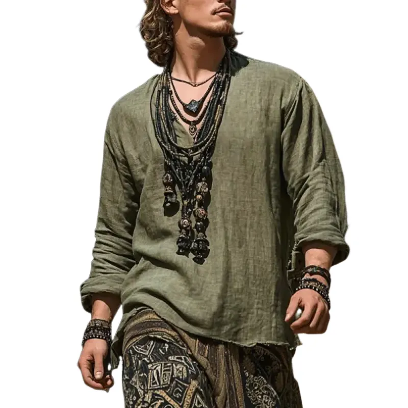 Men's Casual Vacation Cotton And Linen V Neck Long Sleeve Shirt 28542083Y sold by Manly