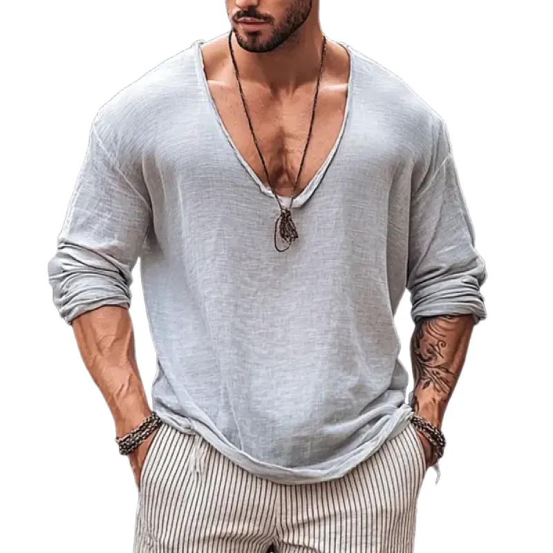Men's Retro Skin-friendly Cotton and Linen Deep V-neck Long-sleeved T-shirt 18859364Y sold by Manly