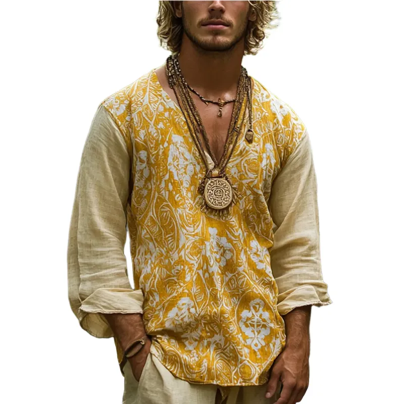 Men's Casual Vacation Printed Cotton And Linen V-Neck Long Sleeve Shirt 47046161Y sold by Manly
